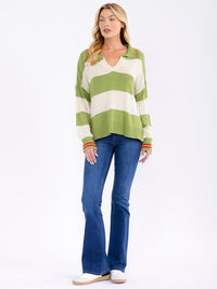 WOMEN'S LONG SLEEVE V-NECK COLORBLOCK PULLOVER KNIT SWEATER