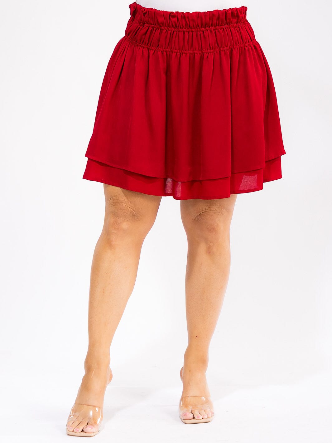 PLUS SIZE ELASTIC WAIST TIERED RUFFLE MINI SKIRT