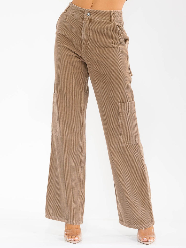 WOMEN'S BUTTON CLOSURE POCKETS WIDE LEG CORDUROY PANTS