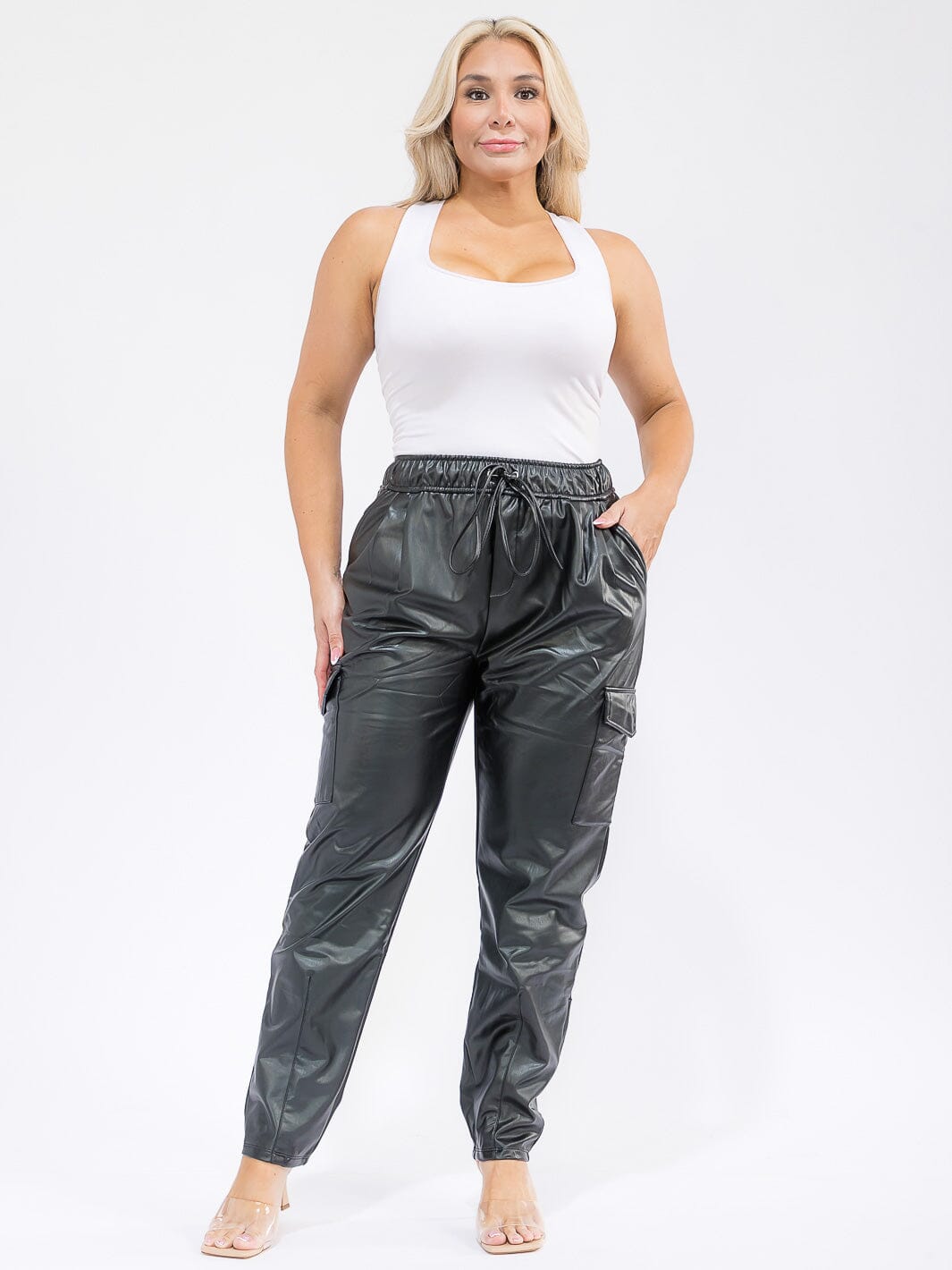 PLUS SIZE ELASTIC WAIST CARGO POCKETS PU PLEATHER SKINNY LEG PANTS