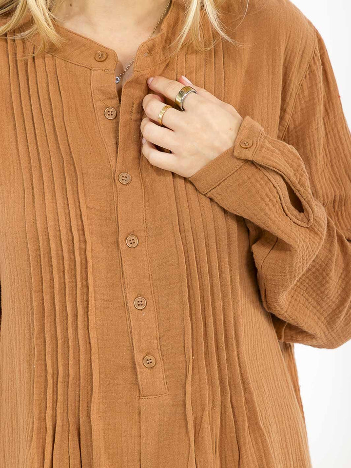 WOMEN'S LONG SLEEVE V-NECK BUTTON UP LOOSE FIT MINI DRESS