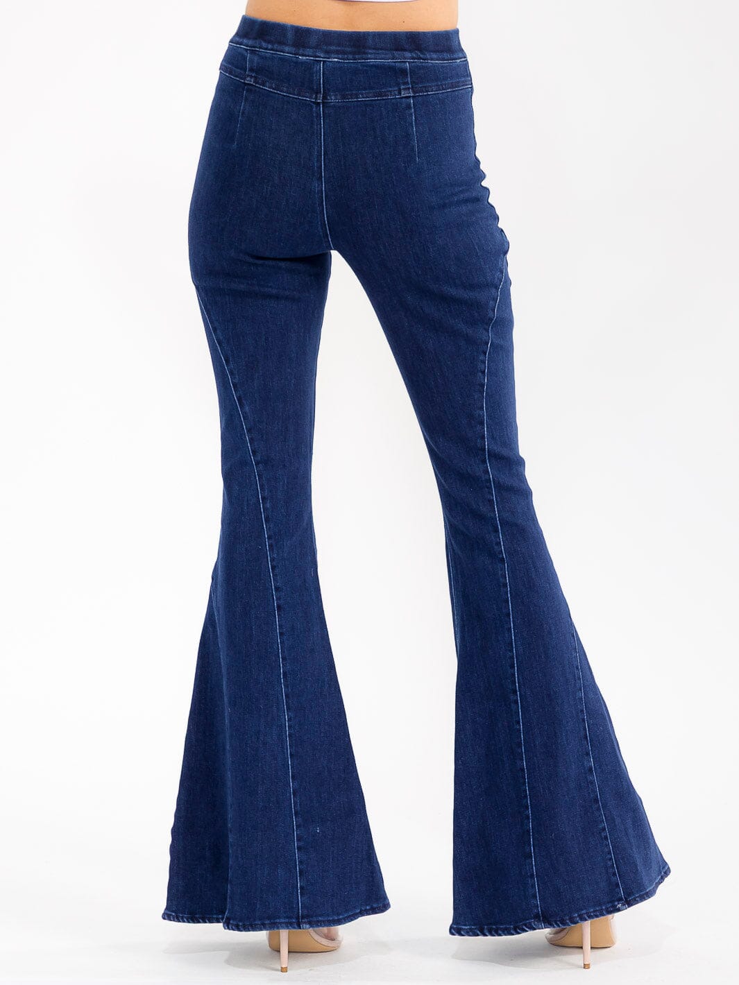 WOMEN'S BUTTON CLOSURE BELL LEG STRETCH DENIM PANTS