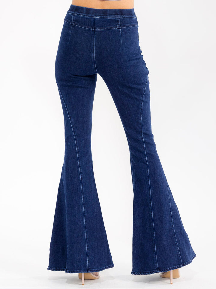 WOMEN'S BUTTON CLOSURE BELL LEG STRETCH DENIM PANTS