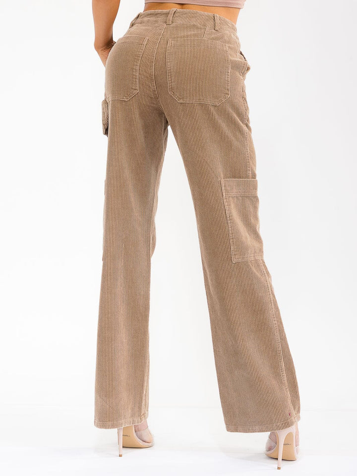 WOMEN'S BUTTON CLOSURE POCKETS WIDE LEG CORDUROY PANTS