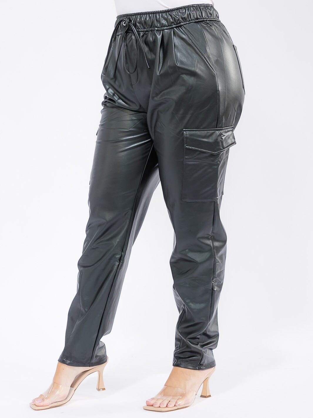 PLUS SIZE ELASTIC WAIST CARGO POCKETS PU PLEATHER SKINNY LEG PANTS