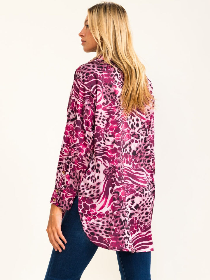 WOMEN'S LONG SLEEVE BUTTON UP HIGH-LOW ANIMAL PRINT BLOUSE