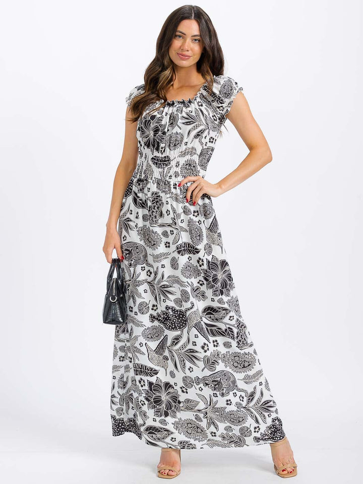 WOMEN'S SHORT SLEEVE SMOCK WAIST FLORAL MAXI DRESS