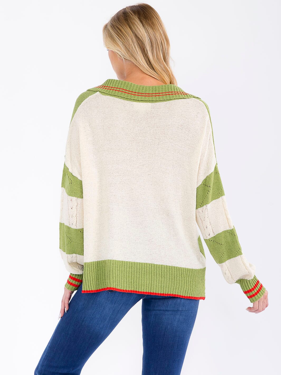 WOMEN'S LONG SLEEVE V-NECK COLORBLOCK PULLOVER KNIT SWEATER