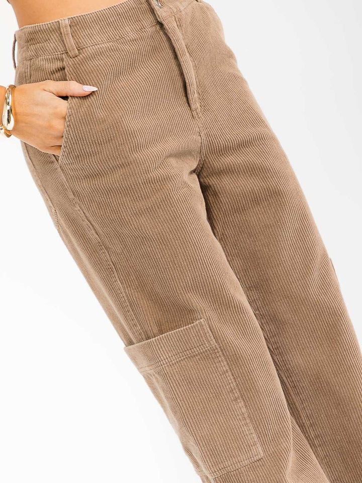 WOMEN'S BUTTON CLOSURE POCKETS WIDE LEG CORDUROY PANTS