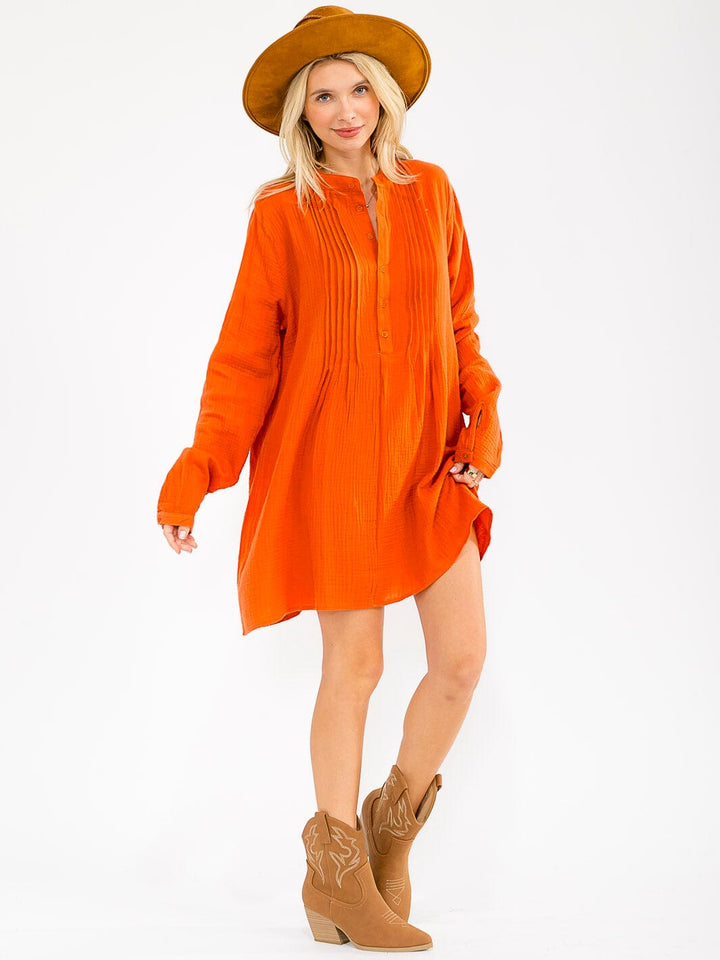 WOMEN'S LONG SLEEVE V-NECK BUTTON UP LOOSE FIT MINI DRESS