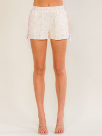 WOMEN'S ELASTIC WAIST FRONT POCKETS FLORAL PRINT LACE DETAILED MINI SHORTS