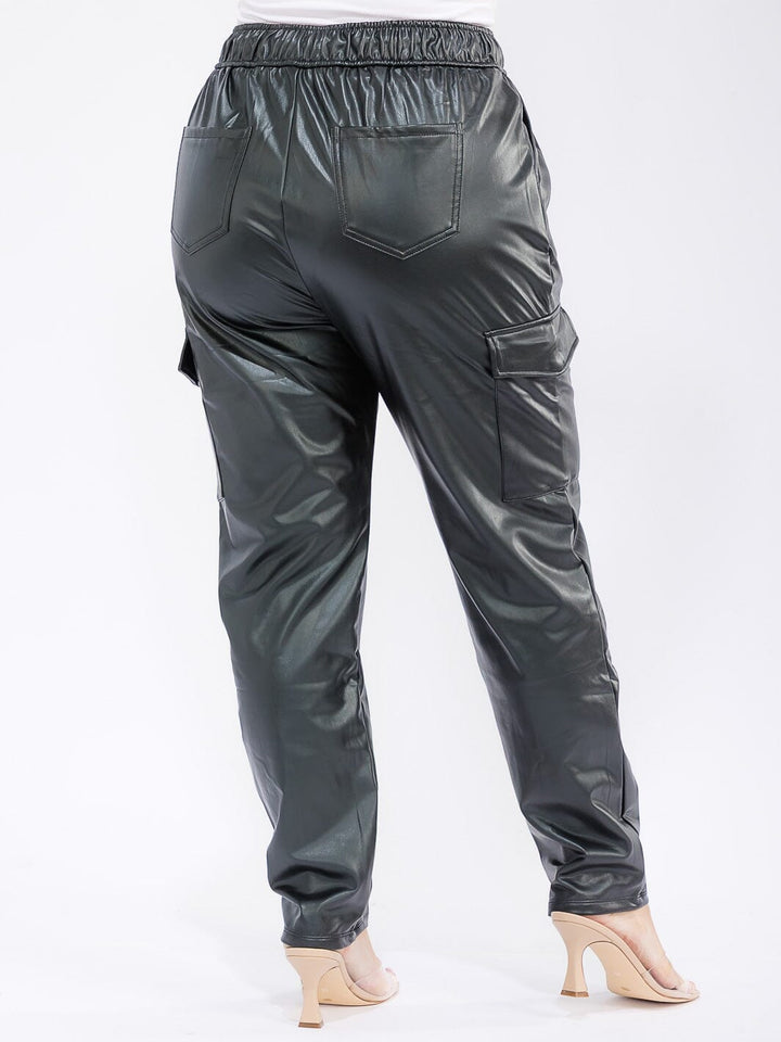PLUS SIZE ELASTIC WAIST CARGO POCKETS PU PLEATHER SKINNY LEG PANTS