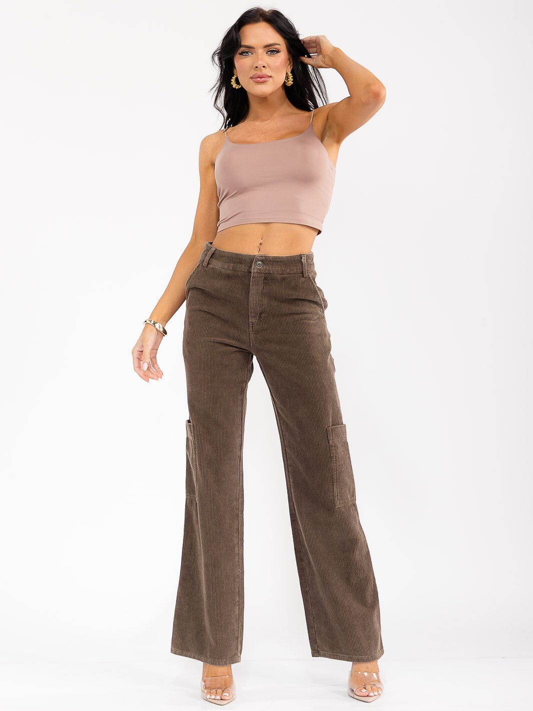 WOMEN'S BUTTON CLOSURE POCKETS WIDE LEG CORDUROY PANTS