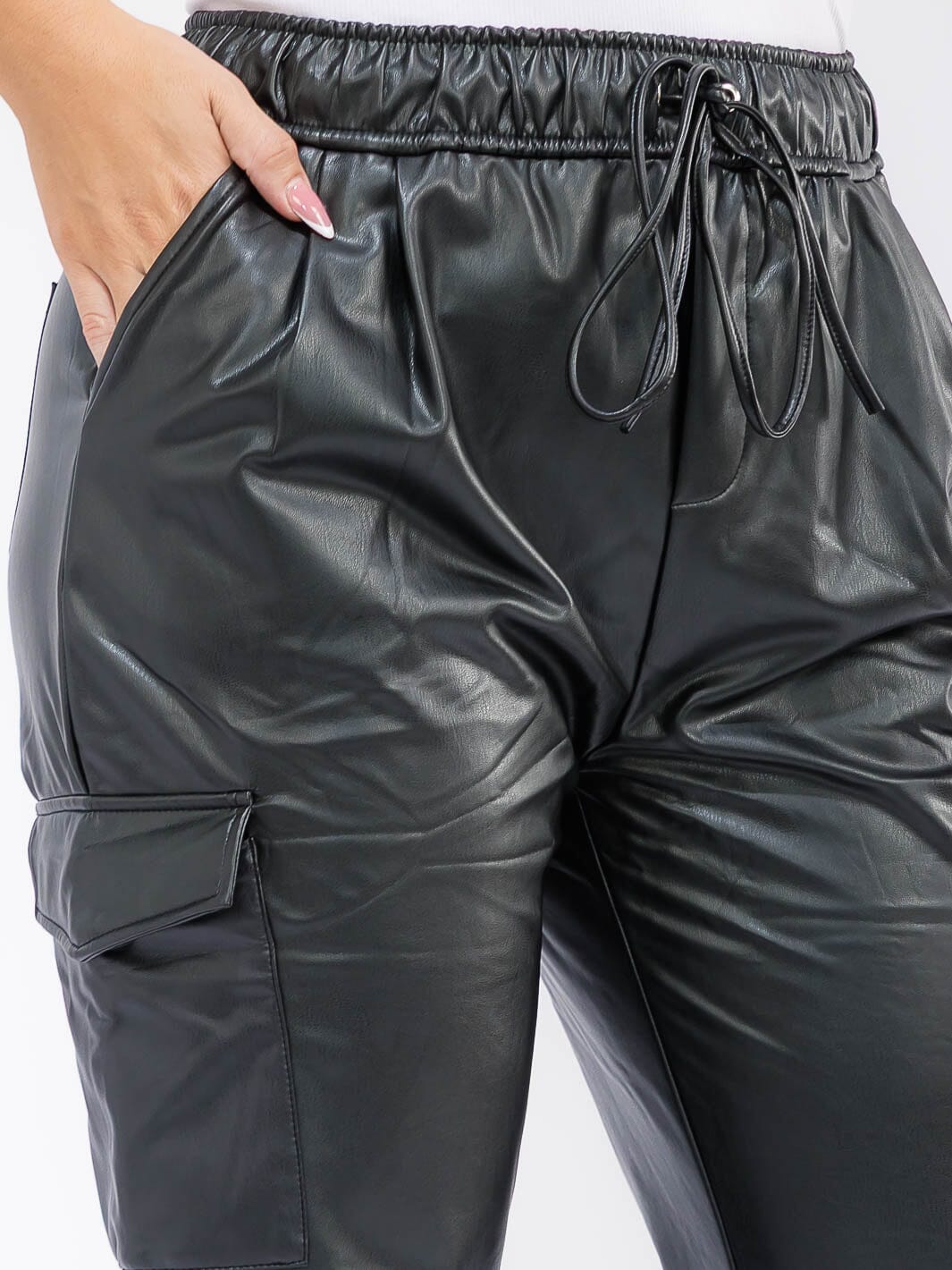 PLUS SIZE ELASTIC WAIST CARGO POCKETS PU PLEATHER SKINNY LEG PANTS