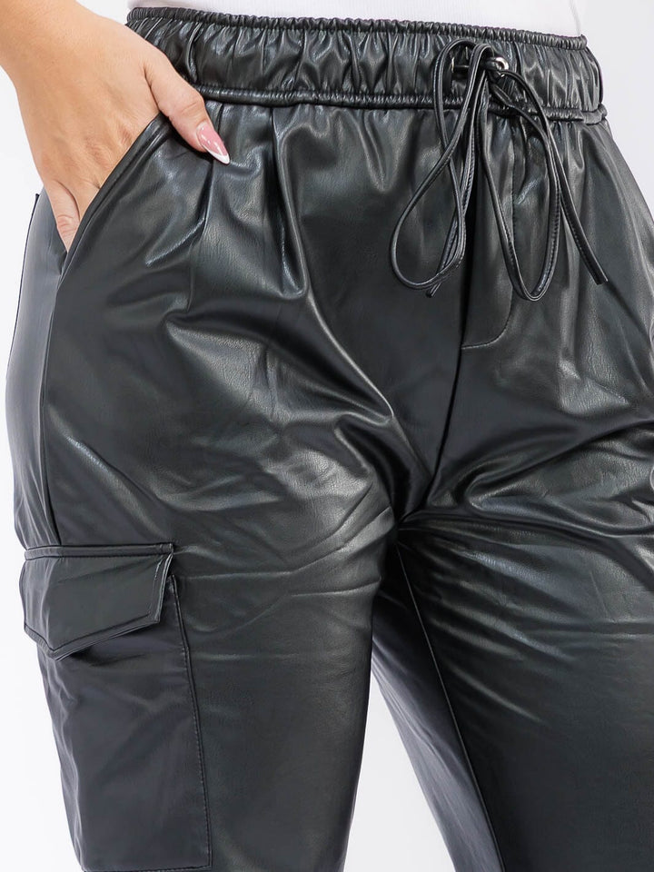 PLUS SIZE ELASTIC WAIST CARGO POCKETS PU PLEATHER SKINNY LEG PANTS