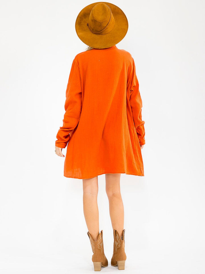 WOMEN'S LONG SLEEVE V-NECK BUTTON UP LOOSE FIT MINI DRESS