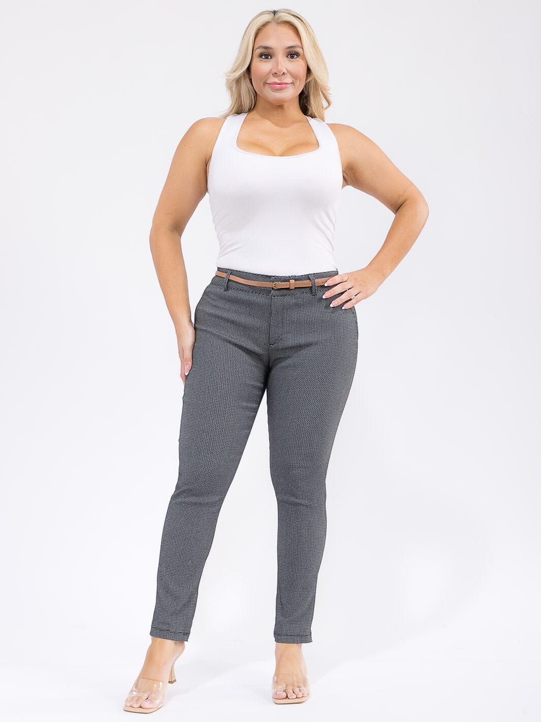 PLUS SIZE BUTTON CLOSURE BELTED SKINNY LEG PANTS