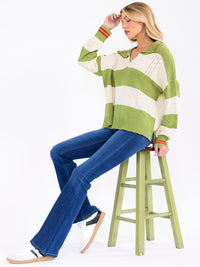 WOMEN'S LONG SLEEVE V-NECK COLORBLOCK PULLOVER KNIT SWEATER