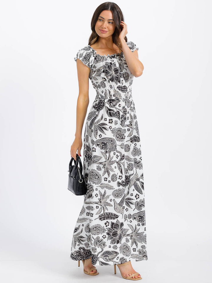 WOMEN'S SHORT SLEEVE SMOCK WAIST FLORAL MAXI DRESS