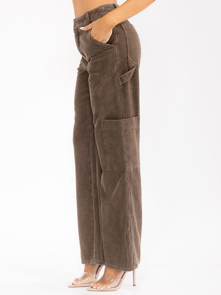 WOMEN'S BUTTON CLOSURE POCKETS WIDE LEG CORDUROY PANTS