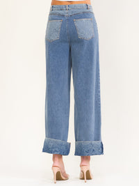 WOMEN'S BUTTON CLOSURE POCKETS WIDE LEG DENIM FLORAL DETAILED PANTS