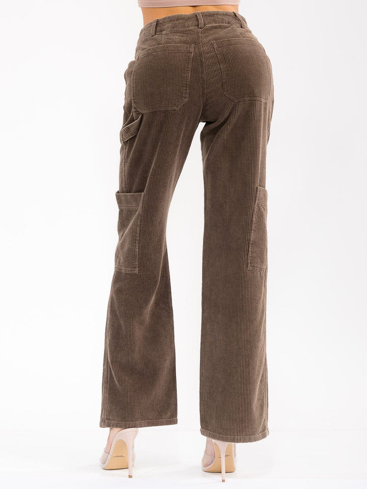 WOMEN'S BUTTON CLOSURE POCKETS WIDE LEG CORDUROY PANTS