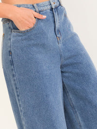 WOMEN'S BUTTON CLOSURE POCKETS WIDE LEG DENIM FLORAL DETAILED PANTS
