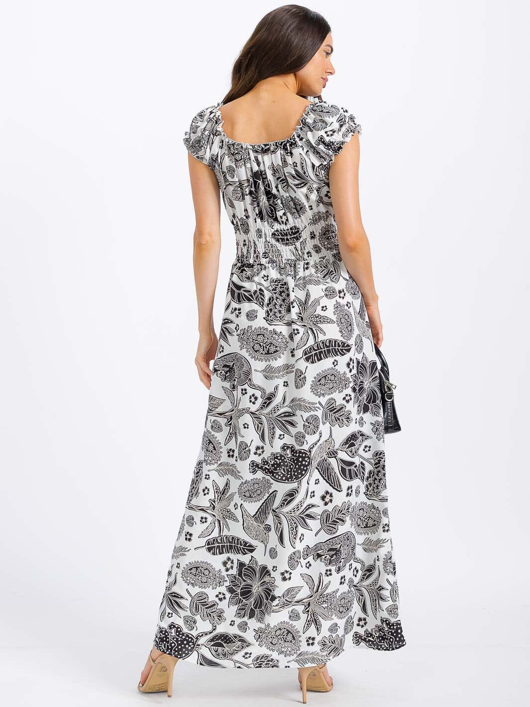 WOMEN'S SHORT SLEEVE SMOCK WAIST FLORAL MAXI DRESS