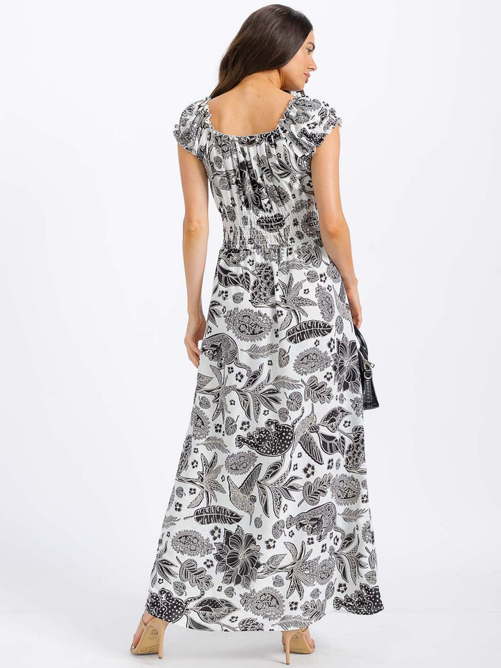 WOMEN'S SHORT SLEEVE SMOCK WAIST FLORAL MAXI DRESS