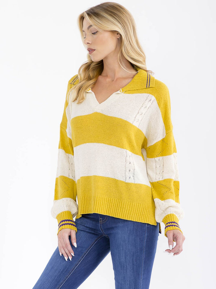 WOMEN'S LONG SLEEVE V-NECK COLORBLOCK PULLOVER KNIT SWEATER