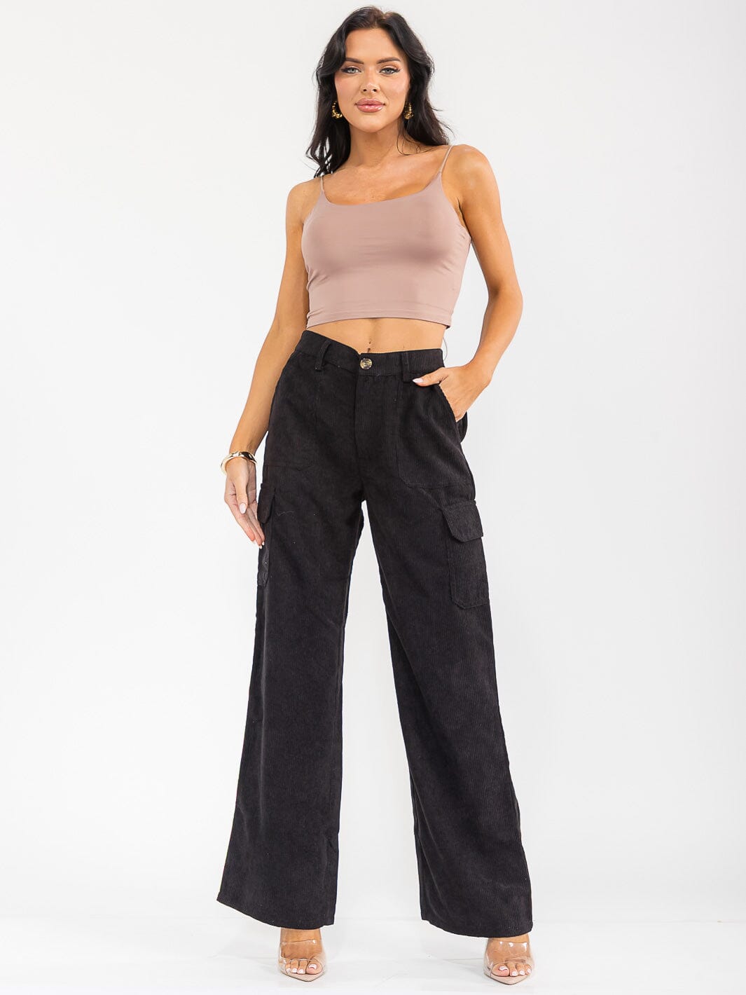WOMEN'S BUTTON CLOSURE CARGO POCKETS WIDE LEG CORDUROY PANTS