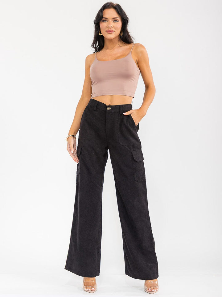 WOMEN'S BUTTON CLOSURE CARGO POCKETS WIDE LEG CORDUROY PANTS