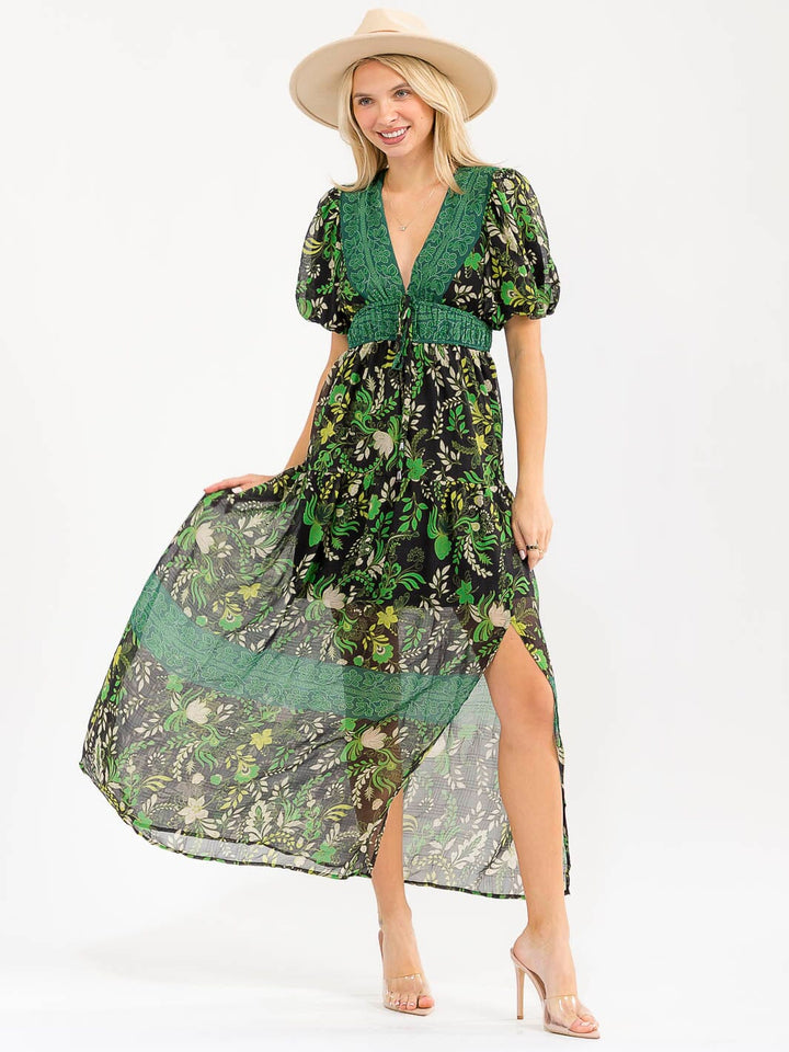 WOMEN'S SHORT PUFF SLEEVES V-NECK TIERED SLIT FLORAL PRINT MAXI DRESS