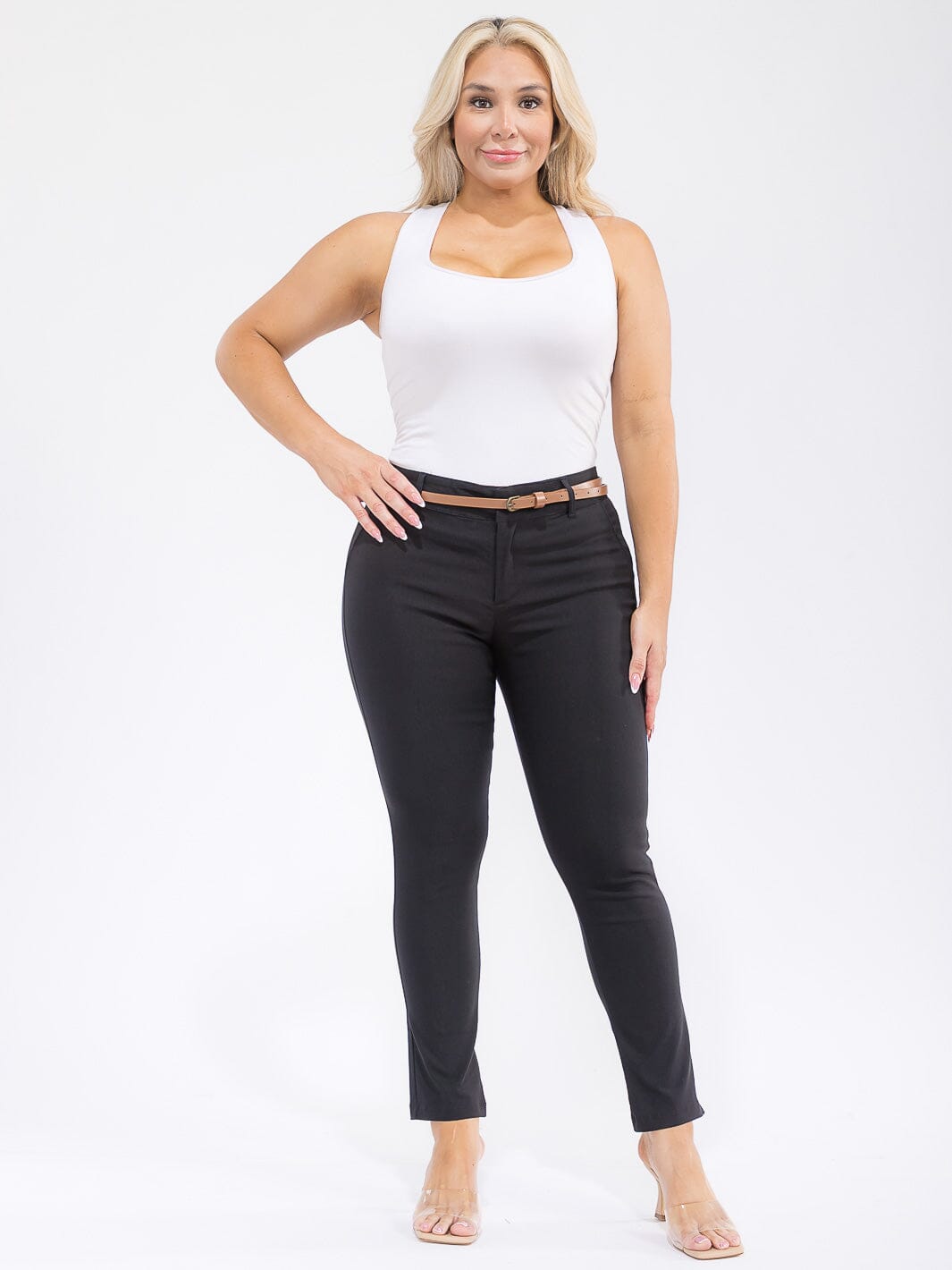 PLUS SIZE BUTTON CLOSURE BELTED SKINNY LEG PANTS