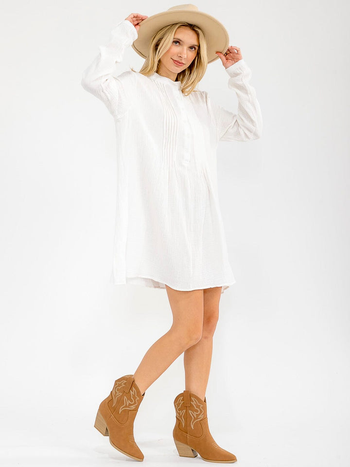 WOMEN'S LONG SLEEVE V-NECK BUTTON UP LOOSE FIT MINI DRESS