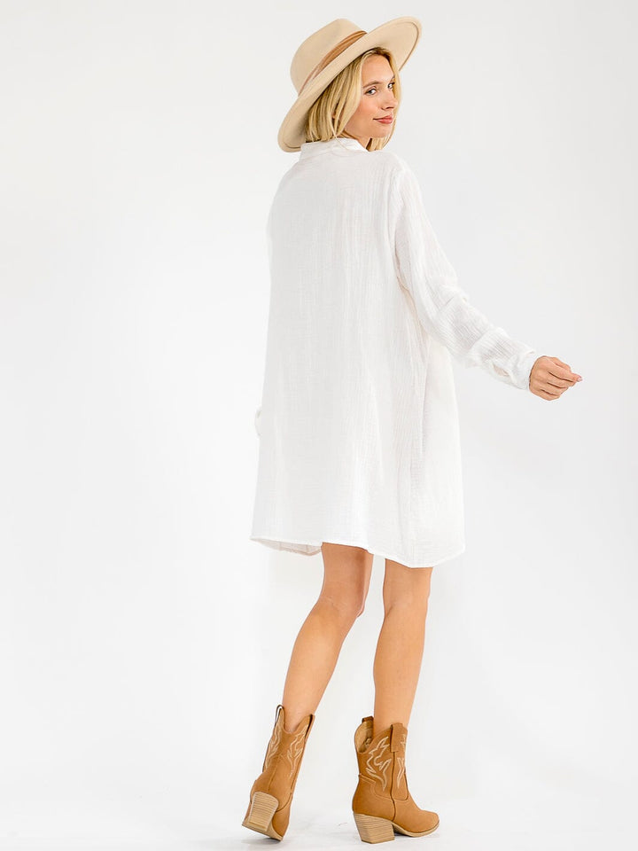 WOMEN'S LONG SLEEVE V-NECK BUTTON UP LOOSE FIT MINI DRESS