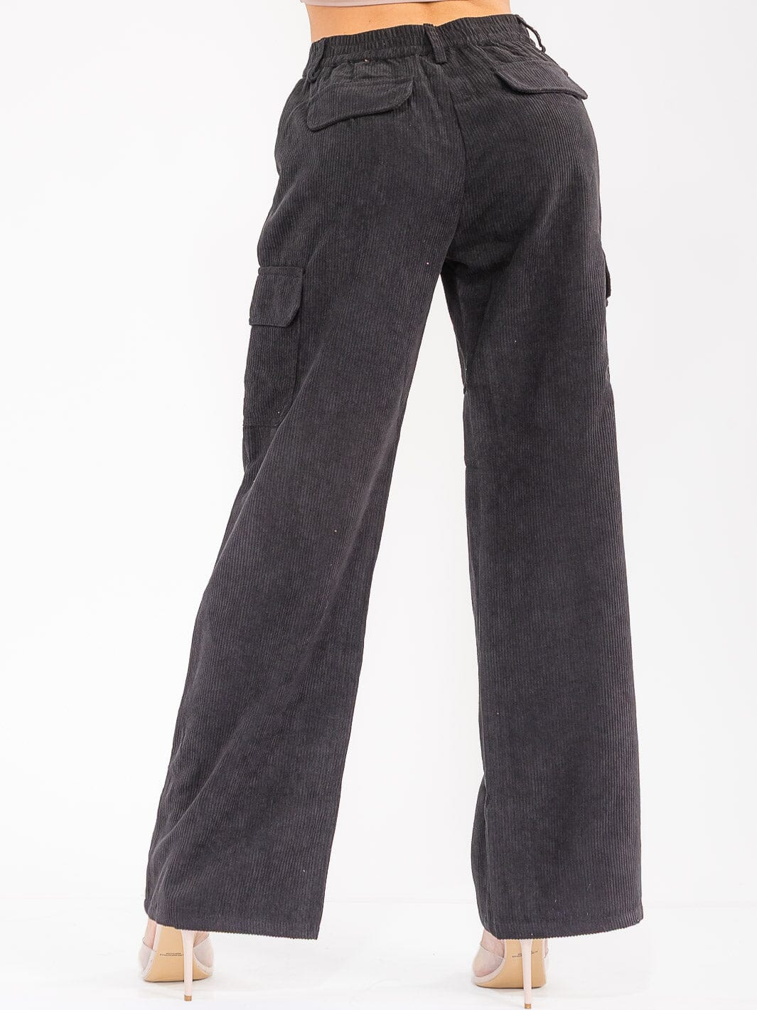 WOMEN'S BUTTON CLOSURE CARGO POCKETS WIDE LEG CORDUROY PANTS