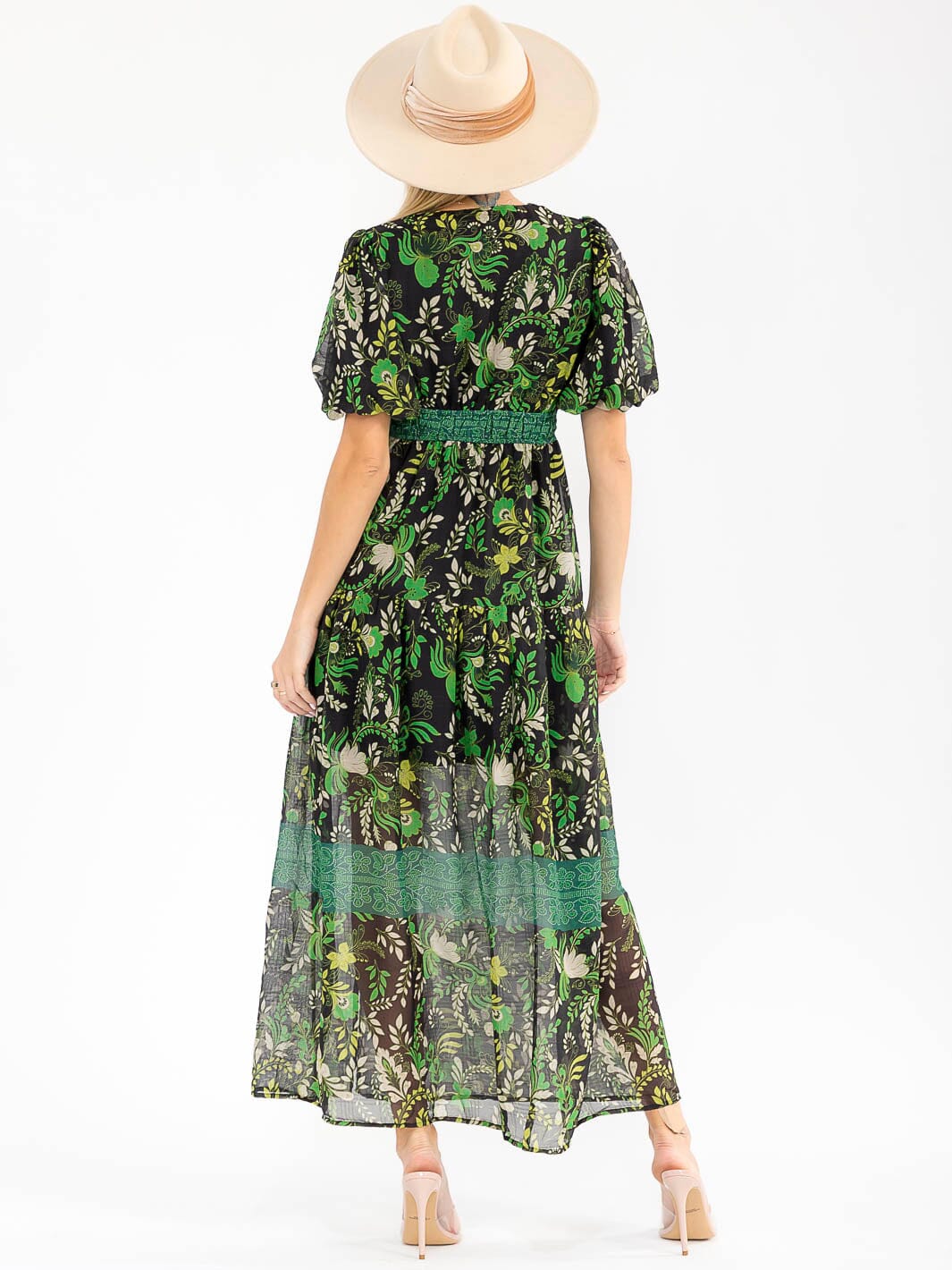 WOMEN'S SHORT PUFF SLEEVES V-NECK TIERED SLIT FLORAL PRINT MAXI DRESS