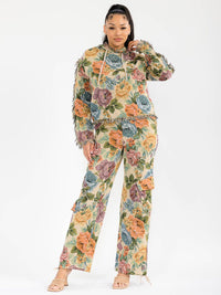 WOMEN'S LONG SLEEVE HOODED SWEATER & BUTTON CLOSURE PANTS FLORAL PRINT 2PC. SET
