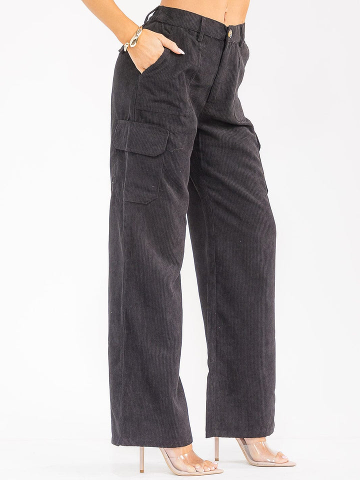 WOMEN'S BUTTON CLOSURE CARGO POCKETS WIDE LEG CORDUROY PANTS