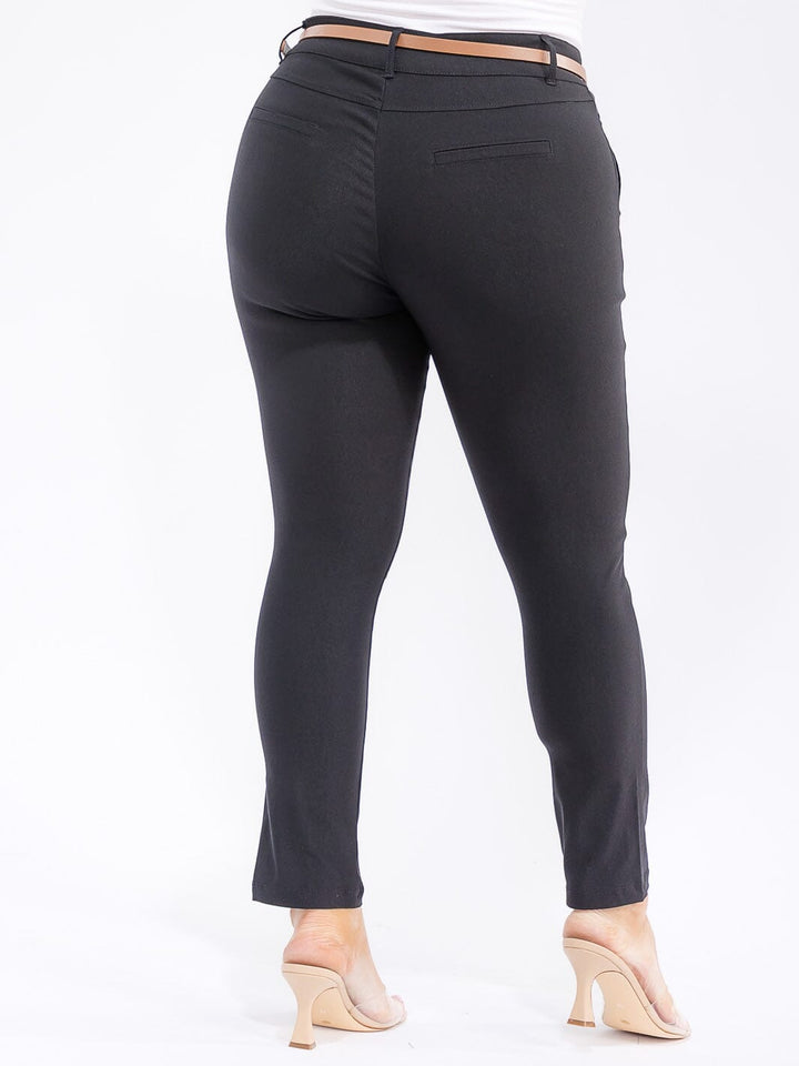 PLUS SIZE BUTTON CLOSURE BELTED SKINNY LEG PANTS