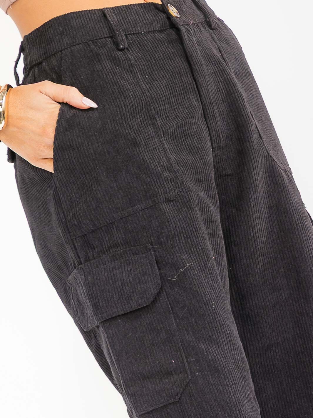 WOMEN'S BUTTON CLOSURE CARGO POCKETS WIDE LEG CORDUROY PANTS