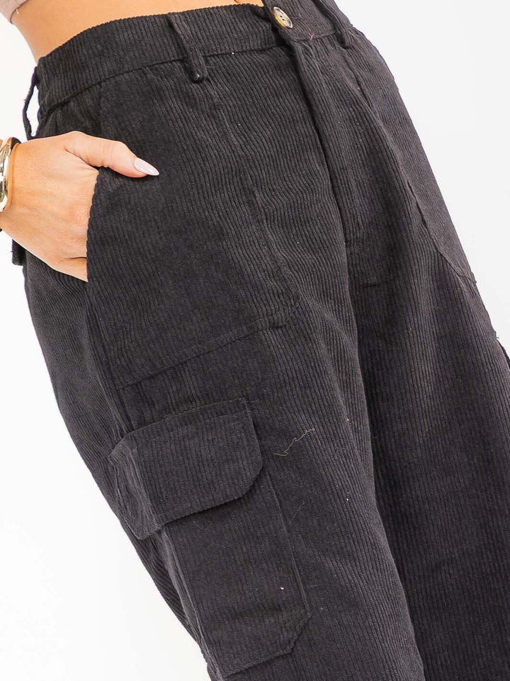 WOMEN'S BUTTON CLOSURE CARGO POCKETS WIDE LEG CORDUROY PANTS