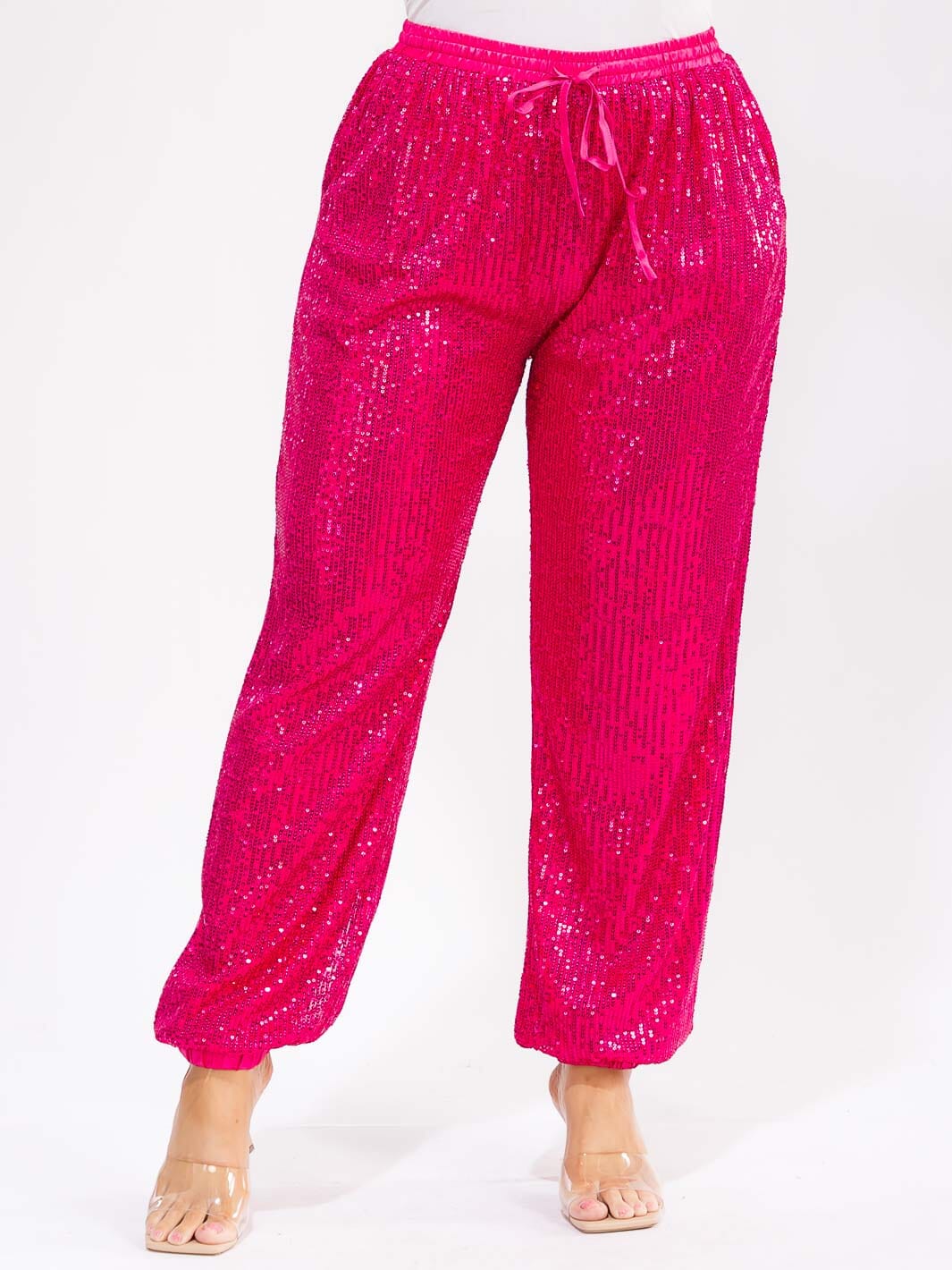 PLUS SIZE ELASTIC WAIST FRONT POCKETS JOGGER SEQUINS PANTS
