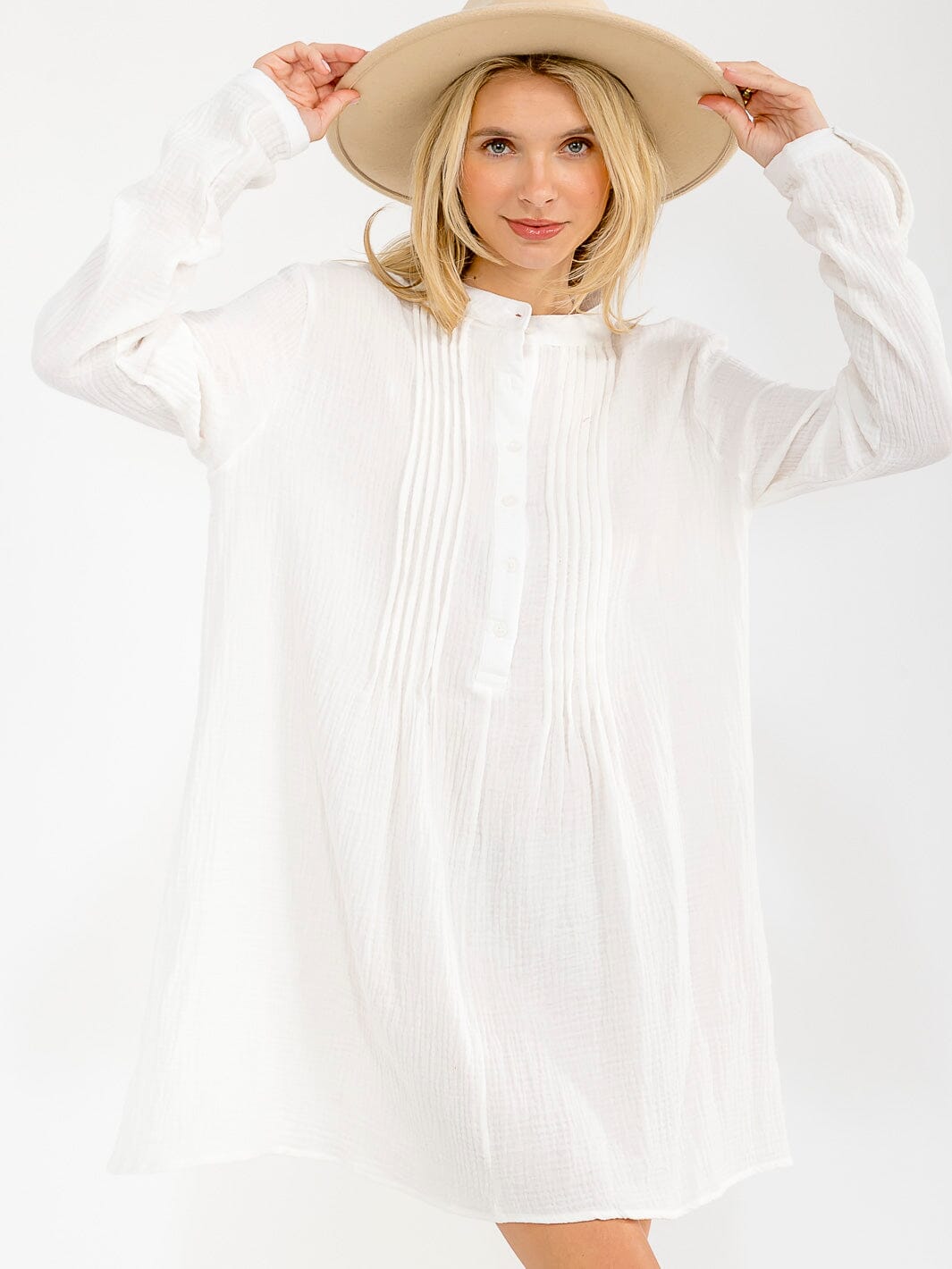 WOMEN'S LONG SLEEVE V-NECK BUTTON UP LOOSE FIT MINI DRESS