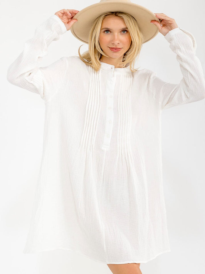 WOMEN'S LONG SLEEVE V-NECK BUTTON UP LOOSE FIT MINI DRESS