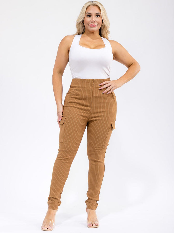 PLUS SIZE BUTTON CLOSURE CARGO POCKETS SKINNY LEG STRIPES PANTS