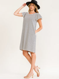 WOMEN'S SHORT SLEEVE FRONT POCKETS COLORBLOCK STRIPES MIDI DRESS