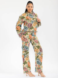 WOMEN'S LONG SLEEVE HOODED SWEATER & BUTTON CLOSURE PANTS FLORAL PRINT 2PC. SET