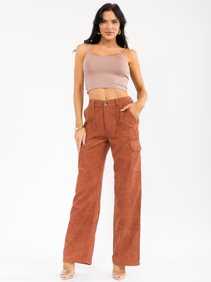 WOMEN'S BUTTON CLOSURE CARGO POCKETS WIDE LEG CORDUROY PANTS